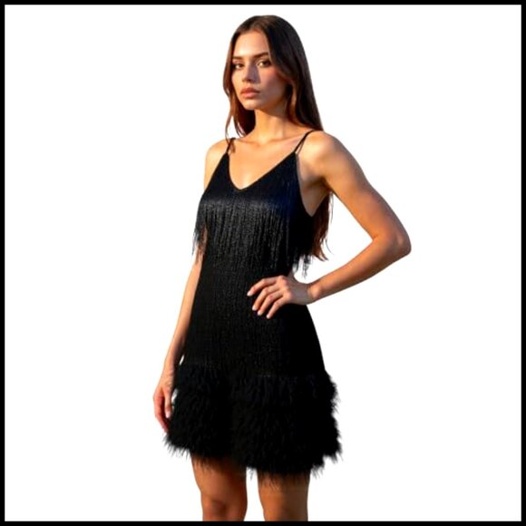 Sequin Tassel Fringe Mini Dress Retro V Neck Spaghetti Strap Party Elegant - Picture 4 of 7